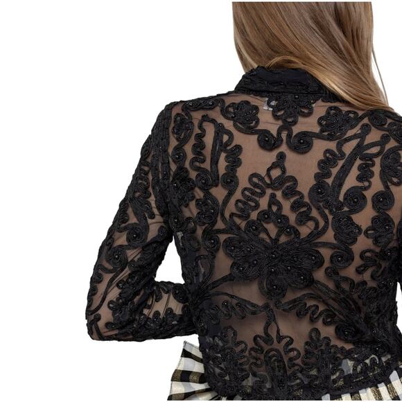 Vintage 90s CACHE Black Sheer Mesh Beaded Jacket Womens L Cropped Embellished - Picture 2 of 13